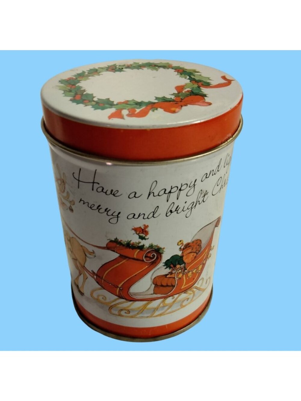 Swiss Colony Small Canister Tin Merry Bright Christmas Holiday Elf Cottage 3 in
